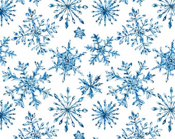 Watercolor Crystal Snowflakes Fabric - White