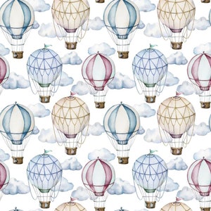 Watercolor Hot Air Balloons & Clouds Fabric - White