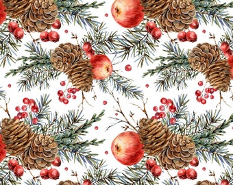Vintage Fir Branches & Red Apples Fabric