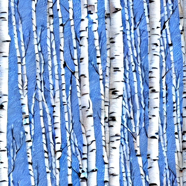Winter Forest Birch Trees Fabric - Blue