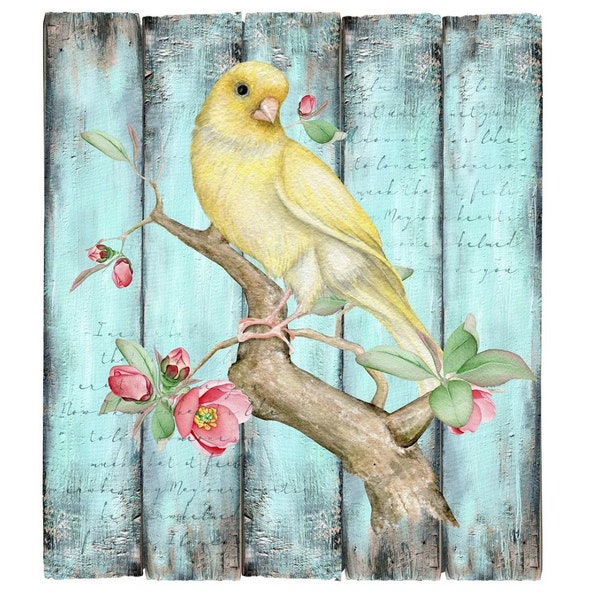 Watercolor Canary On Blooming Tree Branch Fabric Panel