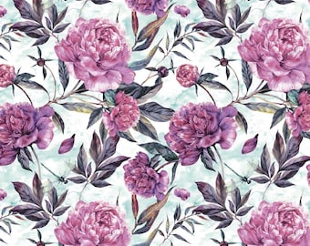 Watercolor Peonies And Leaves Fabric - Pink