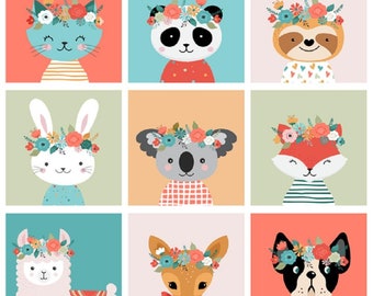 Cute Animal Collage Fabric Panel - White