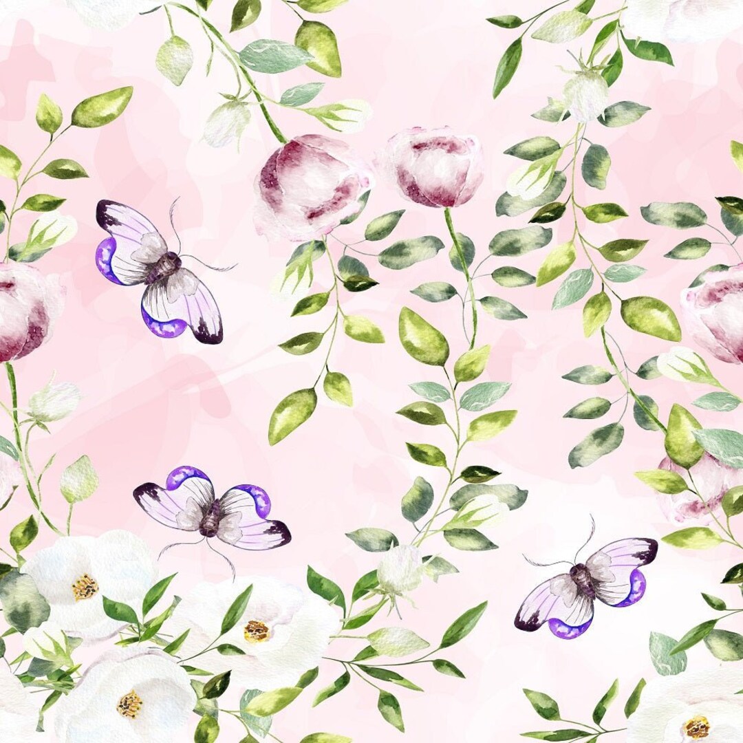 Watercolor Purple Butterflies and Flowers Fabric Etsy