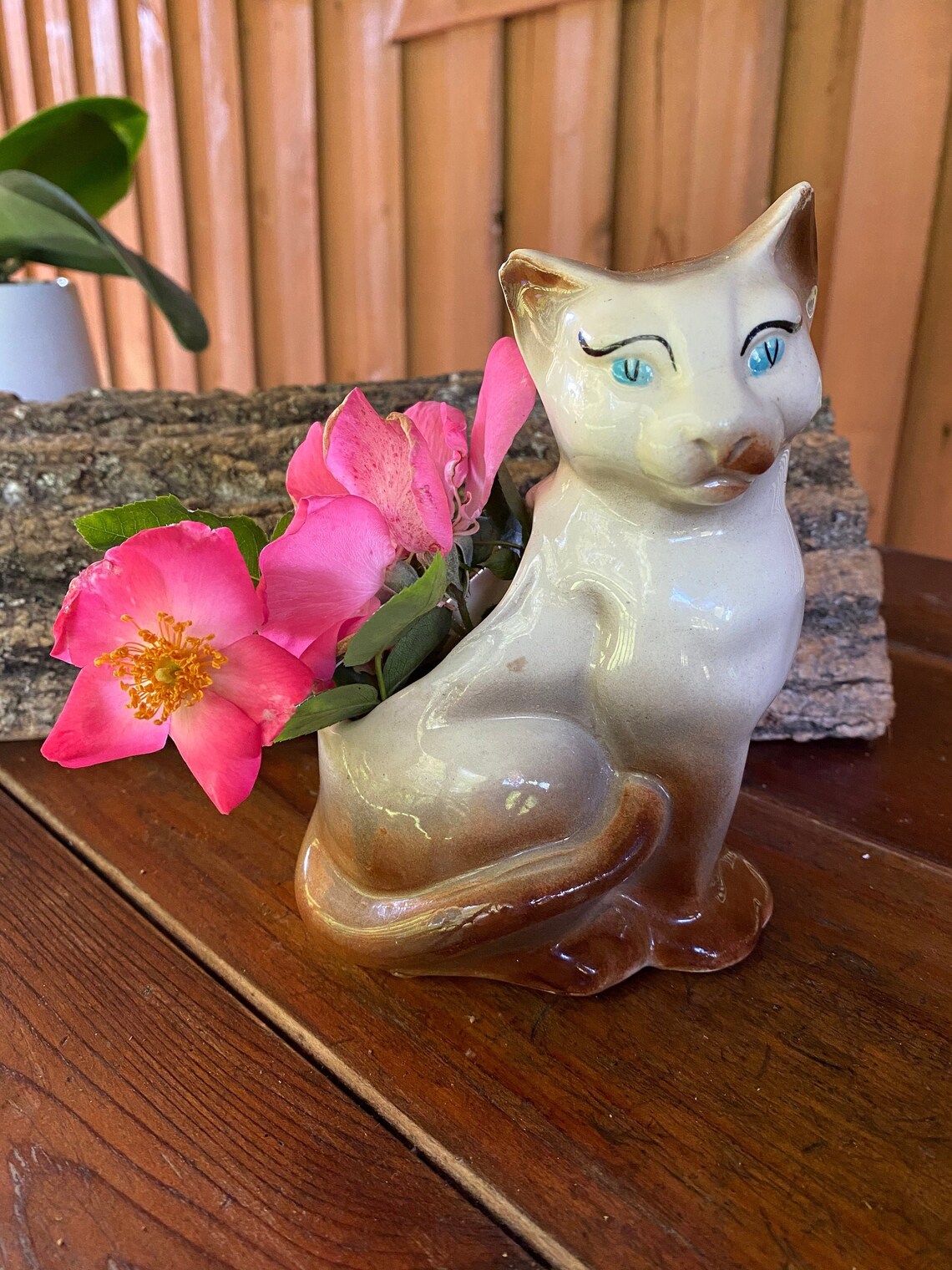 Vintage ceramic cat vase/brown and white cat holder/succulent Etsy