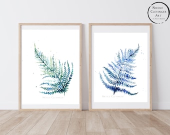 Watercolor Fern Painting Prints - Set of 2 Fern Prints. Blue and Green Ferns. Botanical watercolor ferns. Botanical wall art set of two.