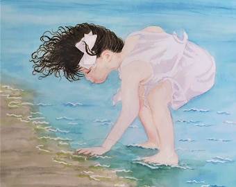SEARCHING FOR SHELLS, Giclee Art Print, Girl on Beach, Child on Beach, Watercolor Beach Painting, Child's Room Art