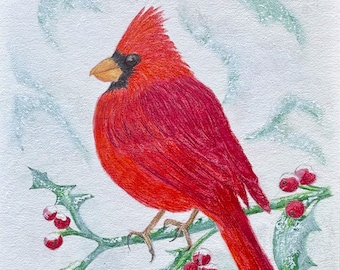 ORIGINAL BIRD ART, Northern Cardinal, Original Colored Pencil Drawing -Or- Archival Giclee Print