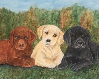 LABRADOR RETRIEVER ART, Three Labrador Puppies, Original Watercolor -or- Giclee Print, Gift for Lab Lovers
