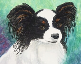 パピヨンの肖像画 LA シェパードの絵画 8x8 犬のアートのキャンバス