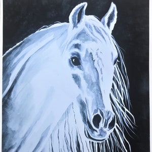 ART DU WHITE HORSE, étalon au clair de lune, impression d'art giclée, peinture cheval blanc, art noir et blanc, cadeau pour les amateurs de chevaux
