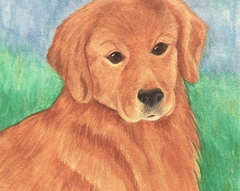May include: A watercolor painting of a golden retriever dog with a light brown coat. The dog is looking directly at the viewer with a serious expression. The background is a soft blue and green.