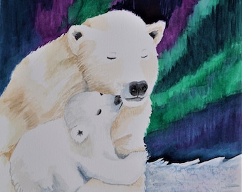 POLAR BEAR Original Watercolor OR Giclee Print, Polar Bear Cub, Giclee Print, Aurora Borealis, Northern Lights, Fur Babies