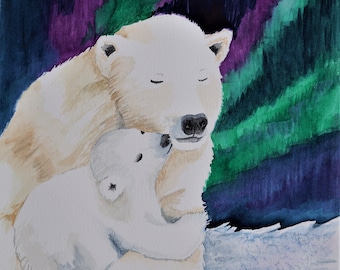 May include: A watercolor painting of a polar bear mother and her cub cuddling together against a backdrop of the aurora borealis, also known as the Northern Lights. The aurora is depicted in shades of green and purple.