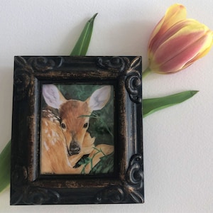 FAWN Framed Miniature Watercolor Art Print, Baby Deer, Tiny Art, Miniautre Painting, Deer lover Gift,  Miniature Collector Gift