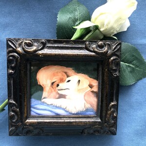 GOLDEN RETRIEVER PUPPY and Dam, Framed Miniature Art Print, Tiny Art, Miniature Painting,  Gift for Golden Retriever Lover