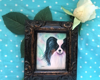 PAPILLON  FRAMED MINIATURE Watercolor Art Print,  Miniature Painting,  Papillon Lover Gift, Miniature Collector