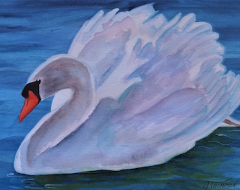 SWAN ART PRINT 2 « Tranquility on the Lake » d’après Original Watercolor, Giclee Print