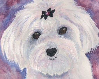 May include: A watercolor painting of a white Maltese dog with a black bow on its head. The dog is looking directly at the viewer with a soft expression. The background is a purple and pink watercolor wash.