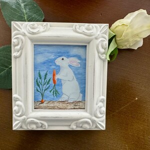 LUCKY BUNNY RABBIT, Framed Miniature Art Print, Tiny Art,  Gift for Miniature Collector, Mini Easter Decor, Rabbit Lover
