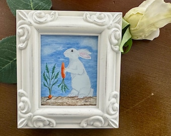 LUCKY BUNNY RABBIT, Framed Miniature Art Print, Tiny Art,  Gift for Miniature Collector, Mini Easter Decor, Rabbit Lover