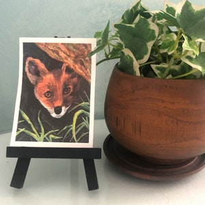 ACEO 限定版 オリジナル水彩画のミニチュアプリント、「Peeking Fox」アートトレーディングカード 3.5 x 2.5 インチ、ミニチュアコレクターアート