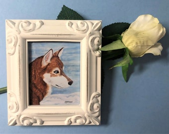 SIBERIAN HUSKY Framed Miniature Art Print, Tiny Art, Small Art, Mini Art, Gift for Siberian Husky Lover, Miniature Collector