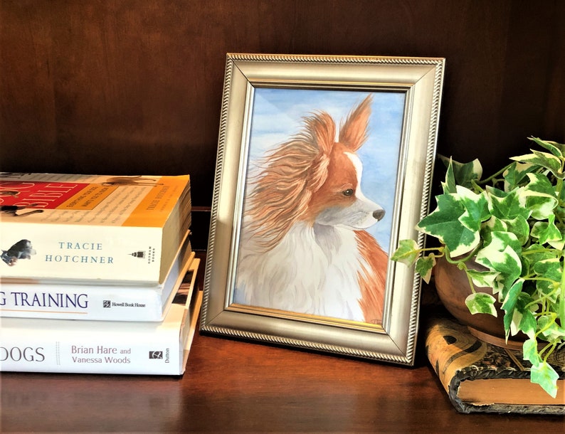 May include: A framed watercolor painting of a long-haired, brown and white papillon dog with its head turned to the side. The dog is looking to the right of the image. The painting is set on a wooden shelf with books and a potted plant.