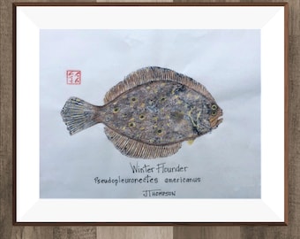 GYOTAKU WINTER FLOUNDER, Original -or- Giclee Print, frottement de poisson rehaussé de couleur.  Cadeau pour papa, pêcheurs.