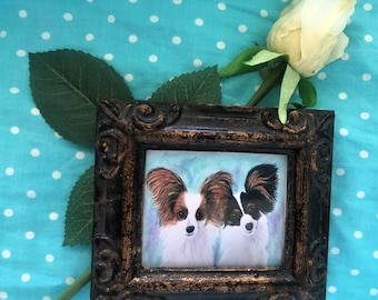 PAPILLON  PUPPIES MINIATURE, Framed Watercolor Art Print,  Miniature Painting,  Papillon Lover Gift, Miniature Collector