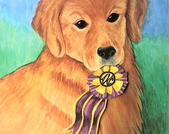 Könnte beinhalten: Ein Golden Retriever mit einem lila und gelben Band um den Hals. Das Band hat einen gelben Kreis mit den Buchstaben "AKC" in Schwarz.