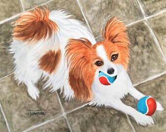 PAPILLON ART, Giclee Art Print, Papillon Playing Fetch, Gift for Papillon Lover