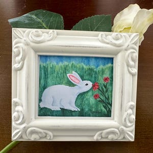 CUTE BUNNY RABBIT, Framed Miniature Art Print, Tiny Art,  Gift for Miniature Collector, Mini Easter Decor, Rabbit Lover