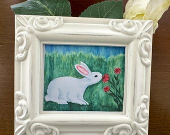 CUTE BUNNY RABBIT, Framed Miniature Art Print, Tiny Art,  Gift for Miniature Collector, Mini Easter Decor, Rabbit Lover