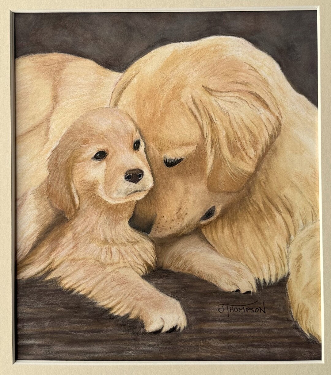 GOLDEN RETRIEVER ART, Dam and Her Puppy, Archival Giclee Print Matted