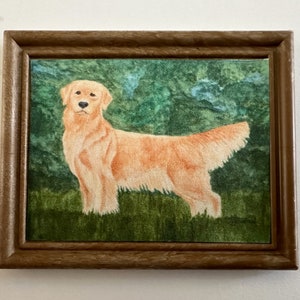 MODERN DOLLHOUSE ART 1:12 Scale, Golden Retriever Dog, Framed Dollhouse Picture