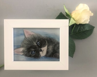 GREY KITTY Framed Miniature Art Print, Tiny Art, Peinture miniature, Cadeau pour l’amoureux du chat, Collectionneur miniature