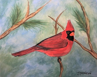 NOTHERN CARDINAL ART Original Watercolor -or- Giclee Art Print, Bird Painting,  Wildlife Art