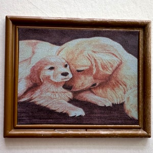 MODERN DOLLHOUSE ART 1:12 Scale, Golden Retriever Dogs, Dam and Her Pup,  Framed Dollhouse Picture
