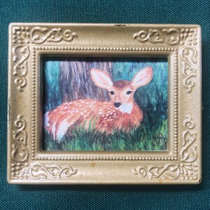 MODERN DOLLHOUSE ART 1:12 Scale,  &quot;Fawn in the Forest&quot; Framed Dollhouse Picture, Framed Dollhouse Watercolor Art Print