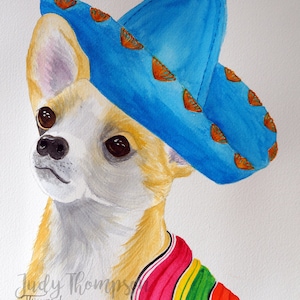 CHIHUAHUA ART Original Watercolor OR Giclee Print, Gift for Chihuahua Lover, Mexican Art, Chihuhua with Sombrero