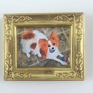 MODERN DOLLHOUSE ART 1:12 Scale,  &quot;Let&#39;s Play Fetch&quot;, Framed Dollhouse Picture, Dollhouse Framed Watercolor Art Print, Papillon