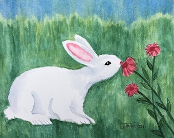 CUTE BUNNY RABBIT Original  Watercolor Painting -Or- Giclee Print, Rabbit, Bunny, Nursery Child's Room Art
