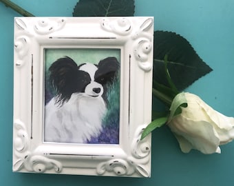 PAPILLON  FRAMED MINIATURE Watercolor Art Print,  Miniature Painting,  Papillon Lover Gift, Miniature Collector