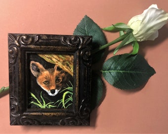 FOX Framed Miniature Watercolor Art Print, Tiny Art, Miniature Painting, Nature lover Gift,  Miniature Collector Gift