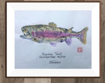 GYOTAKU RAINBOW TRUT, Original -or- Giclee Print, frottement de poisson rehaussé de couleur.  Cadeau pour papa, pêcheurs.