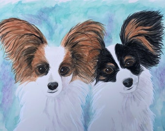 パピヨンの肖像画 LA シェパードの絵画 8x8 犬のアートのキャンバス