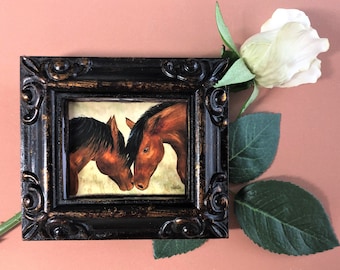 BAY HORSES Framed Miniature Watercolor Art Print, Miniature Painting,  Tiny Art, Horse lover Gift,  Miniature Collector Gift