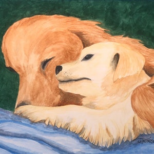 GOLDEN RETRIEVER Puppy and Dam, ORIGINAL --or--Archival Giclee Print, Watercolor,  Gift for Golden Lover