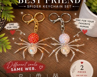 Matching Beaded Spider Keychains | Crystal Heart Charms, Friendship Set